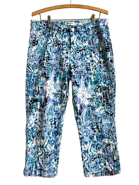 NINE WEST Abstract Art Colorful Tones of Blue Cropped Cotton Capri Jeans size 10